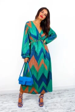 A Way Of Life - Green Blue Glitter Stripe Midi Dress