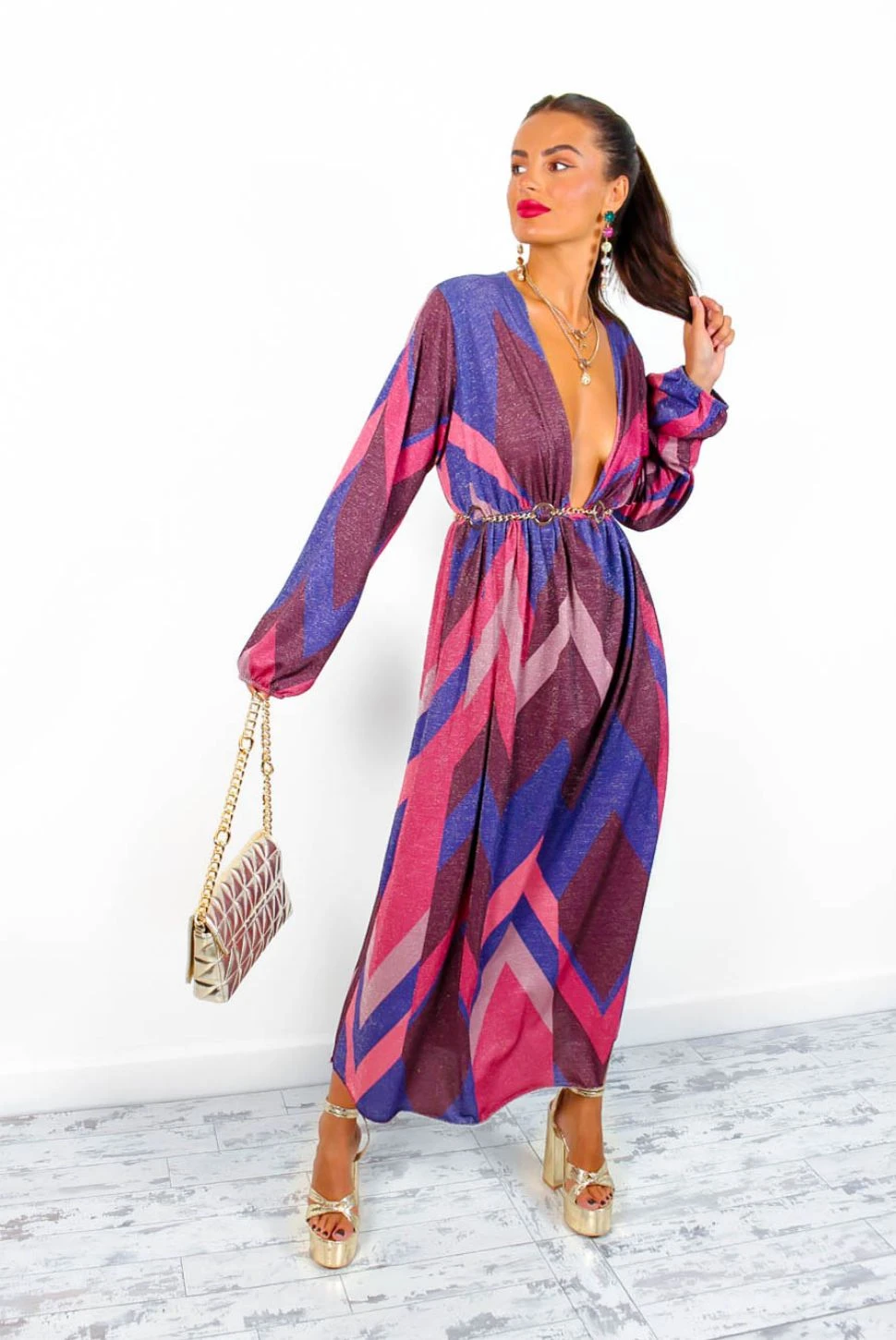 A Way Of Life - Purple Pink Glitter Stripe Midi Dress 3 A Way Of Life - Purple Pink Glitter Stripe Midi Dress