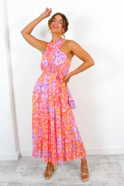 Artemis - Fuchsia Orange Animal Print Pleated Midi Dress -Deals Modashka Store Artemis FuchsiaOrangeAnimalPrintPleatedMidiDress 3