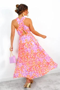 Artemis - Fuchsia Orange Animal Print Pleated Midi Dress -Deals Modashka Store Artemis FuchsiaOrangeAnimalPrintPleatedMidiDress 4