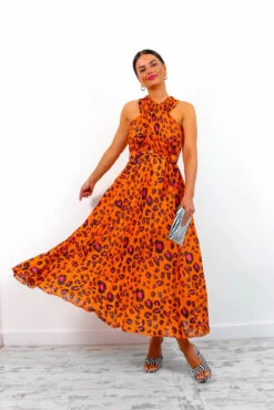 Artemis - Orange Fuchsia Leopard Pleated Maxi Dress -Deals Modashka Store Artemis OrangeFuchsiaLeopardPleatedMaxiDress3