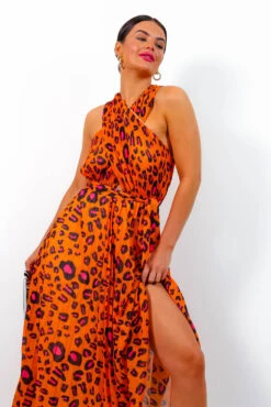 Artemis - Orange Fuchsia Leopard Pleated Maxi Dress -Deals Modashka Store Artemis OrangeFuchsiaLeopardPleatedMaxiDress7