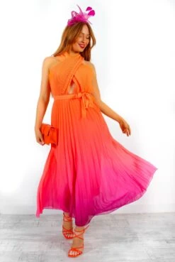 Artemis - Pink Orange Ombre Cross-Over Pleated Maxi Dress -Deals Modashka Store Artemis PinkOrangeOmbreCross OverPleatedMaxiDress 1