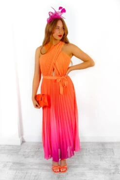 Artemis - Pink Orange Ombre Cross-Over Pleated Maxi Dress -Deals Modashka Store Artemis PinkOrangeOmbreCross OverPleatedMaxiDress 3