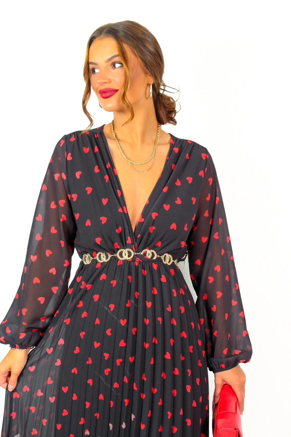 Bad Romance - Black Red Heart Print Pleated Midi Dress 6 Bad Romance - Black Red Heart Print Pleated Midi Dress - Image 4