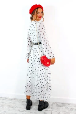 Bad Romance - White Black Heart Print Pleated Midi Dress -Deals Modashka Store BadRomance WhiteBlackHeartPrintPleatedMidiDress 1