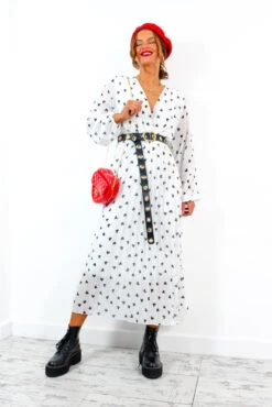 Bad Romance - White Black Heart Print Pleated Midi Dress -Deals Modashka Store BadRomance WhiteBlackHeartPrintPleatedMidiDress 3