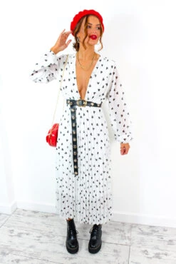 Bad Romance - White Black Heart Print Pleated Midi Dress