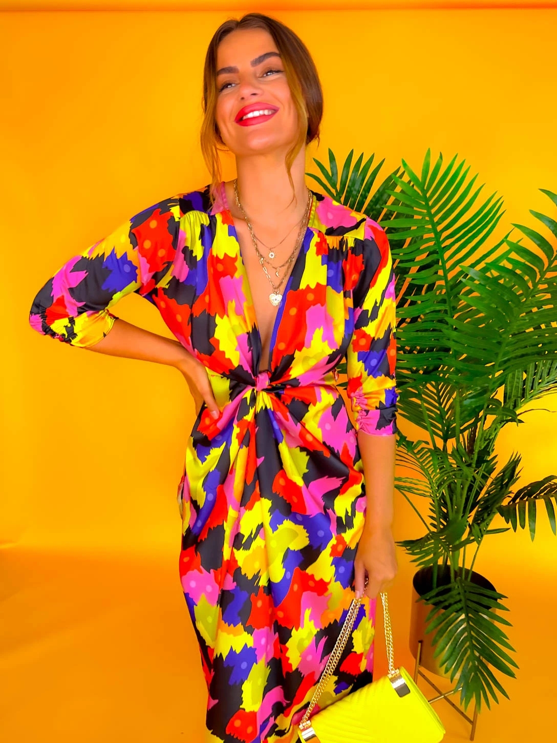 Best Intentions - Pink Yellow Printed Midi Wrap Dress 3 Best Intentions - Pink Yellow Printed Midi Wrap Dress