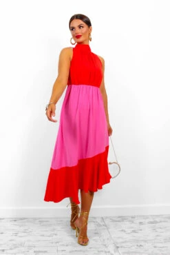 Block You Out - Red Pink High Neck Midi Dress -Deals Modashka Store BlockYouOut RedPinkHighNeckMidiDress 1
