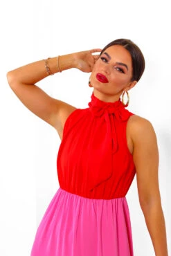 Block You Out - Red Pink High Neck Midi Dress -Deals Modashka Store BlockYouOut RedPinkHighNeckMidiDress 3
