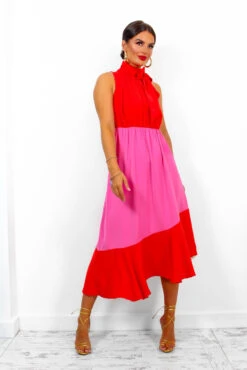 Block You Out - Red Pink High Neck Midi Dress -Deals Modashka Store BlockYouOut RedPinkHighNeckMidiDress 4