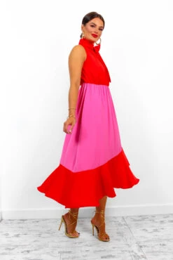 Block You Out - Red Pink High Neck Midi Dress -Deals Modashka Store BlockYouOut RedPinkHighNeckMidiDress 5 1