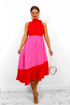 Block You Out - Red Pink High Neck Midi Dress -Deals Modashka Store BlockYouOut RedPinkHighNeckMidiDress 6
