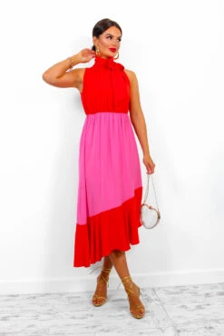 Deals Modashka Store -Deals Modashka Store BlockYouOut RedPinkHighNeckMidiDress 8