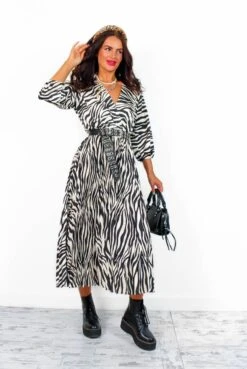 Bolder The Better - Black White Zebra Pleated Midi Dress
