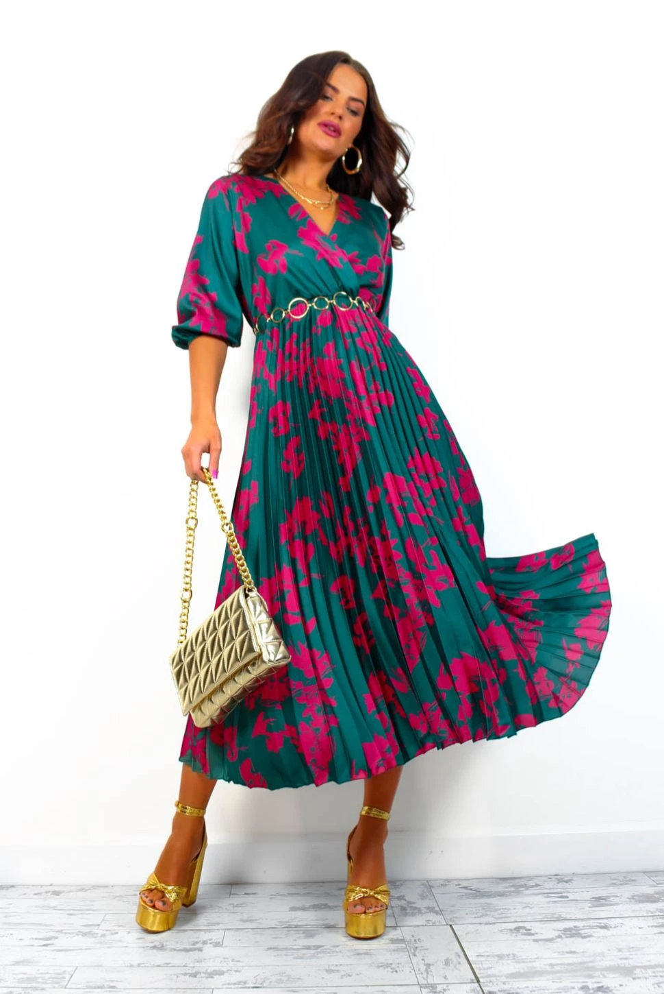 Bolder The Better - Forest Magenta Floral Pleated Midi Dress 3 Bolder The Better - Forest Magenta Floral Pleated Midi Dress