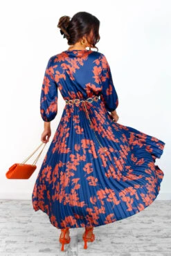 Bolder The Better - Navy Copper Floral Pleated Midi Dress -Deals Modashka Store BolderTheBetter NavyCopperFloralPleatedMidiDress4