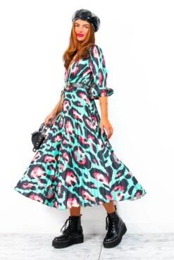 Bolder The Better - Turquoise Coral Leopard Print Pleated Midi Dress 11 Bolder The Better - Turquoise Coral Leopard Print Pleated Midi Dress -Deals Modashka Store BolderTheBetter TurquoiseCoralLeopardPrintPleatedMidiDress 1