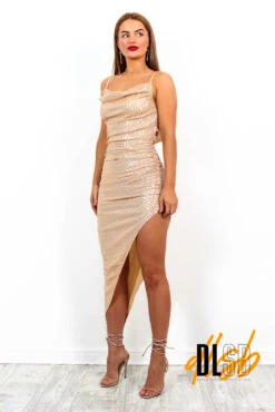 Bound To You - Rose Gold Sequin Midi Dress -Deals Modashka Store BoundToYou RoseGoldSequinMidiDress2