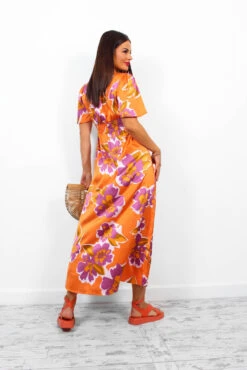 Brunch Babe - Orange Multi Floral Midi Dress -Deals Modashka Store BrunchBabe OrangeMultiFloralMidiDress1