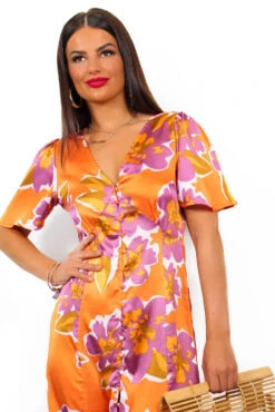 Brunch Babe - Orange Multi Floral Midi Dress -Deals Modashka Store BrunchBabe OrangeMultiFloralMidiDress6