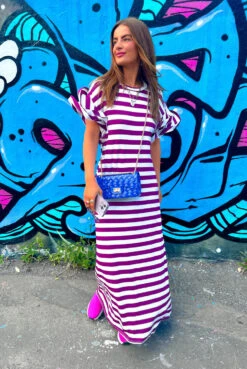 Casual Feelings - White MagentaStripey Ruffle Sleeve Maxi Dress -Deals Modashka Store Casual Feelings White Magenta Stripey Ruffle Sleeve Maxi Dress 5