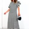 Casual Feelings - White Black Stripey Ruffle Sleeve Maxi Dress -Deals Modashka Store CasualFeelings WhiteBlackStripeyRuffleSleeveMaxiDress 1