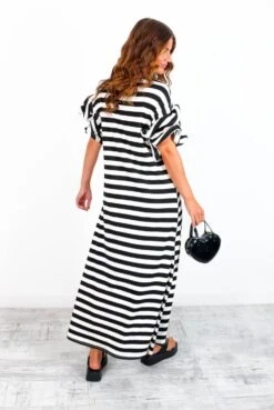 Casual Feelings - White Black Stripey Ruffle Sleeve Maxi Dress -Deals Modashka Store CasualFeelings WhiteBlackStripeyRuffleSleeveMaxiDress 4