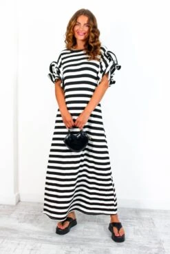 Casual Feelings - White Black Stripey Ruffle Sleeve Maxi Dress -Deals Modashka Store CasualFeelings WhiteBlackStripeyRuffleSleeveMaxiDress 5