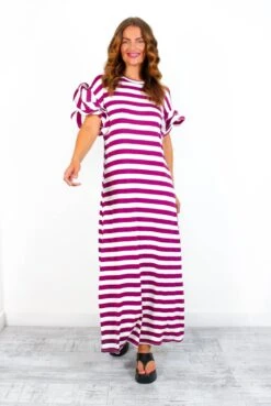 Casual Feelings - White MagentaStripey Ruffle Sleeve Maxi Dress -Deals Modashka Store CasualFeelings WhiteMagentaStripeyRuffleSleeveMaxiDress 3