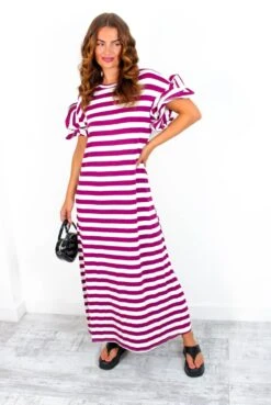 Casual Feelings - White MagentaStripey Ruffle Sleeve Maxi Dress -Deals Modashka Store CasualFeelings WhiteMagentaStripeyRuffleSleeveMaxiDress 4