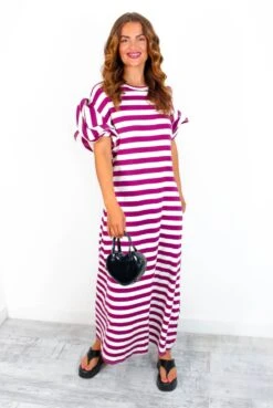 Casual Feelings - White MagentaStripey Ruffle Sleeve Maxi Dress -Deals Modashka Store CasualFeelings WhiteMagentaStripeyRuffleSleeveMaxiDress 5