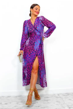 Caught Your Attention - Magenta Blue Leopard Midi Wrap Dress -Deals Modashka Store Caught Your Attention Magenta Blue Leopard Midi Wrap Dress 1