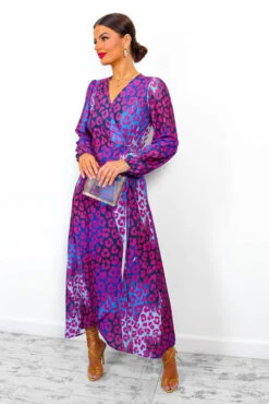 Caught Your Attention - Magenta Blue Leopard Midi Wrap Dress -Deals Modashka Store Caught Your Attention Magenta Blue Leopard Midi Wrap Dress 4