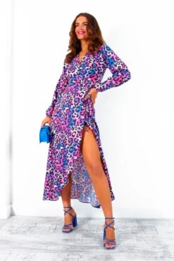 Caught Your Attention - Blue Pink Watercolour Leopard Midi Wrap Dress