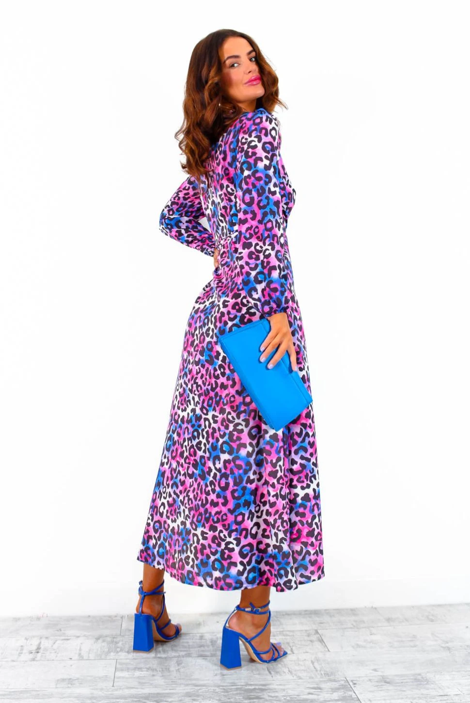 Caught Your Attention - Blue Pink Watercolour Leopard Midi Wrap Dress 10 Caught Your Attention - Blue Pink Watercolour Leopard Midi Wrap Dress - Image 8