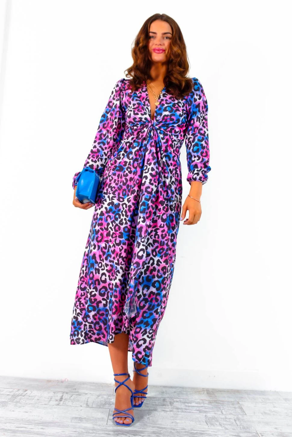 Caught Your Attention - Blue Pink Watercolour Leopard Midi Wrap Dress 4 Caught Your Attention - Blue Pink Watercolour Leopard Midi Wrap Dress - Image 2