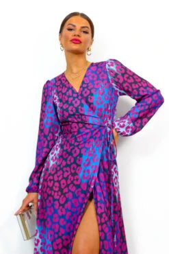 Caught Your Attention - Magenta Blue Leopard Midi Wrap Dress -Deals Modashka Store CaughtYourAttention MagentaBlueLeopardMidiWrapDress 3