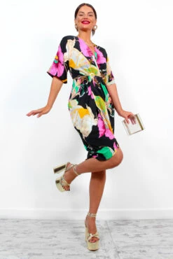 Cocktail OClock - Black Pink Floral Midi Dress -Deals Modashka Store CocktailOClock BlackPinkFloralMidiDress 3