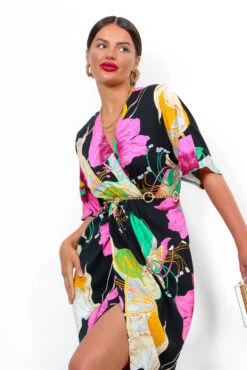 Cocktail OClock - Black Pink Floral Midi Dress -Deals Modashka Store CocktailOClock BlackPinkFloralMidiDress 6