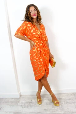 Cocktail OClock - Orange Gold Feather Midi Dress -Deals Modashka Store CocktailOClock OrangeGoldFeatherMidiDress 1