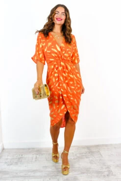 Cocktail OClock - Orange Gold Feather Midi Dress -Deals Modashka Store CocktailOClock OrangeGoldFeatherMidiDress 2
