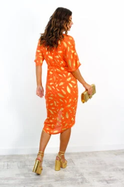 Cocktail OClock - Orange Gold Feather Midi Dress -Deals Modashka Store CocktailOClock OrangeGoldFeatherMidiDress 3