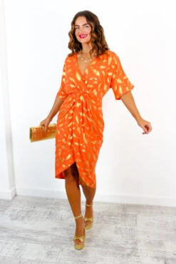 Cocktail OClock - Orange Gold Feather Midi Dress -Deals Modashka Store CocktailOClock OrangeGoldFeatherMidiDress 4
