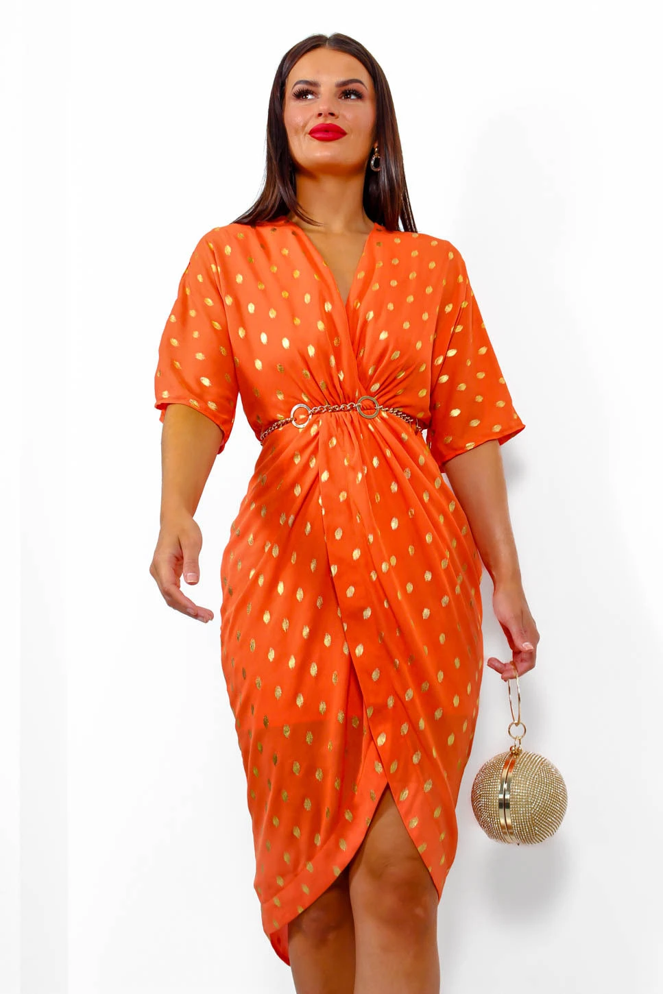 Cocktail OClock - Orange Gold Foil Midi Dress 4 Cocktail OClock - Orange Gold Foil Midi Dress - Image 2