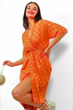 Cocktail OClock - Orange Gold Foil Midi Dress 14 Cocktail OClock - Orange Gold Foil Midi Dress -Deals Modashka Store CocktailO Clock OrangeGoldFoilMidiDress 6