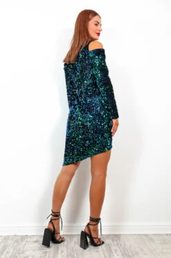 Cold Shoulder - Green Blue Sequin Mini Dress -Deals Modashka Store ColdShoulder GreenBlueSequinMiniDress2