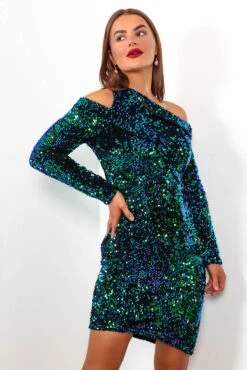 Cold Shoulder - Green Blue Sequin Mini Dress -Deals Modashka Store ColdShoulder GreenBlueSequinMiniDress6