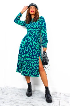Dont Give A Glam - Navy Green Leopard Print Midi Dress -Deals Modashka Store Don tGiveAGlam NavyGreenLeopardPrintMidiDress1